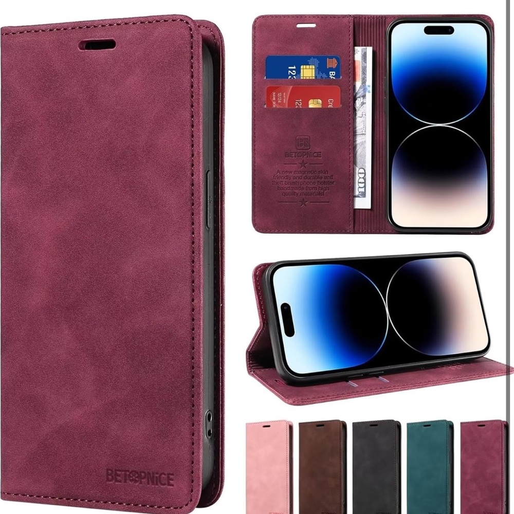 5for$10 Burgundy iPhone 15 Plus Leather Phone Case Card Holder Magnetic Case NWT